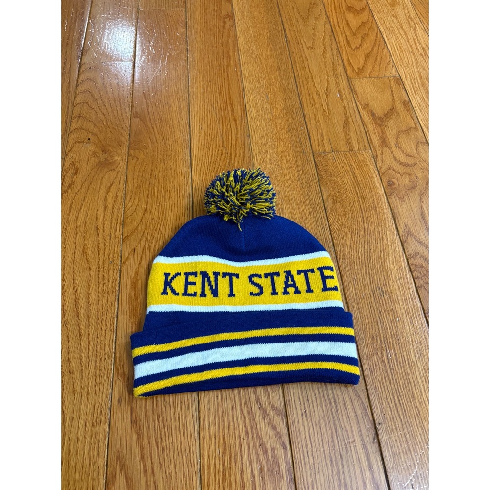 Kent State University Beanie Hat Blue Gold Striped Cuffed Pom Pom Knit Cap